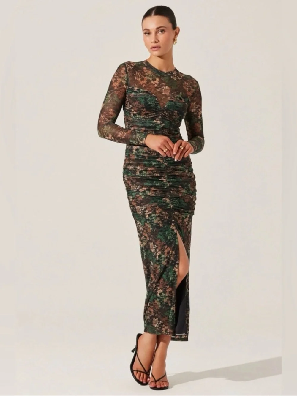 Astr Long Sleeve Ruched Midi Dress. - Picture 1 of 4